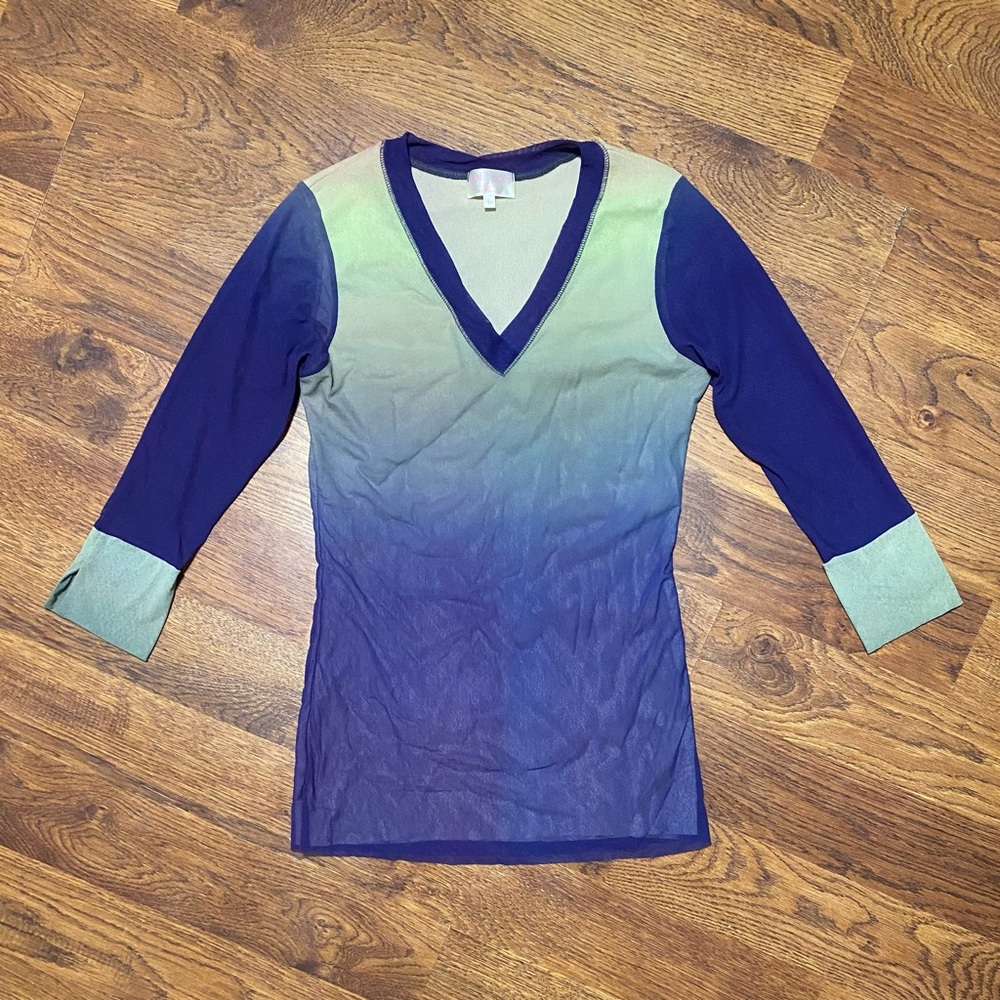 Petite Pois By Viviana G Semi Sheer Gradient Top Sz L Purple Green Y2K Abstract